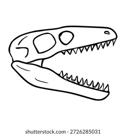 Ilustração de vetor impressionante de um crânio de dinossauro com dentes afiados e mandíbulas abertas, isolados em branco.