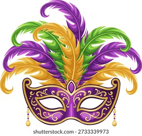 Ilustração vetorial impressionante de uma elegante máscara de máscaras roxas adornada com redemoinhos de filigrana de ouro intrincados, uma coroa de pedra preciosa roxa central e uma luxuosa pluma de penas vibrantes em roxo, verde e dourado curvando-se drasticamente para cima. Fios de contas balançando em cores coordenadas adicionam movimento luxuoso, capturando a essência do mistério, extravagância e celebração alegre. Ideal para convites do Mardi Gras, cartazes de carnaval, promoções de baile de máscaras, folhetos de festivais, decorações de festas, gráficos temáticos de Nova Orleans, figurinos, marcas de eventos, cartões de férias, visuais teatrais e materiais de marketing sazonais festivos.