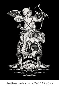 A striking vector illustration in an engraving style, depicting a horned, winged demon cupid holding a bow and arrow, perched atop a detailed human skull.