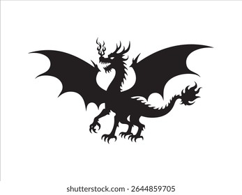 A striking vector illustration features a bold black dragon silhouette set against a clean white background.