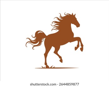A striking vector illustration features a brown horse silhouette rearing powerfully upward against a clean white background.