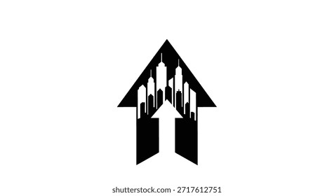 A striking vector illustration featuring a cityscape silhouetted within an upward-pointing arrow, symbolizing growth, development, and forward movement in urban environments. The contrasting black