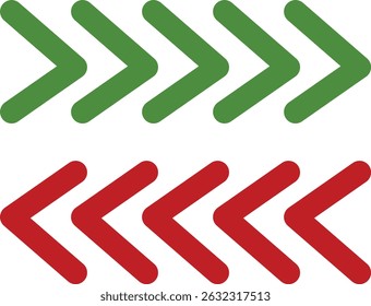 A striking vector illustration featuring green arrows pointing right juxtaposed against red arrows pointing left on a clean white background.