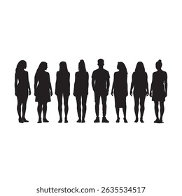 A striking vector illustration featuring a group of diverse people silhouettes standing together in a row. This clean and minimalist design showcases men, women, and adults representing a community 