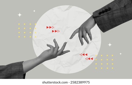 A striking vector illustration featuring hands grasping towards one another, symbolizing connection and partnership, rendered in a modern collage style.