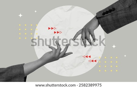 A striking vector illustration featuring hands grasping towards one another, symbolizing connection and partnership, rendered in a modern collage style.