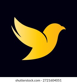 Eine eindrucksvolle Vektorgrafik mit einem stilisierten goldenen Vogel, der in einem Moment des anmutigen Fluges aufgenommen wurde, auf tiefem, dunklem Hintergrund. Der Vogel ist mit glatten, fließenden Linien gerendert, präsentiert eine abstrakte und minimalistische Form. Die Farbe wechselt von einem lebendigen Gelb zu einem warmen goldenen Farbton, wodurch ein strahlender Farbverlauf-Effekt entsteht. Dieses elegante Design ruft Gefühle der Freiheit, des Friedens, des Strebens und der Kommunikation hervor und macht es sehr vielseitig für die Verwendung als Logo, Symbol oder symbolische Grafik. Der starke Kontrast zwischen dem leuchtenden Vogel und der dunklen Kulisse betont seine schlanken Konturen und schafft eine optisch eindrucksvolle und moderne Ästhetik.