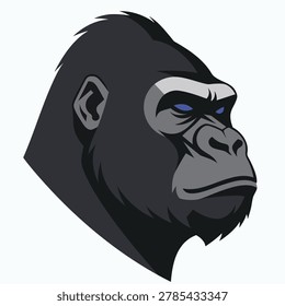 A striking vector illustration of a gorilla's head in profile, featuring a powerful and focused expression with blue eyes, rendered in a bold, graphic style.