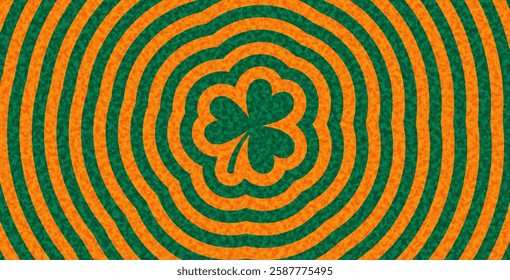 A striking vector illustration of a green shamrock centered on a bold orange ripple background, symbolizing luck and Irish heritage.