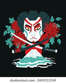 Striking vector illustration of a Kabuki warrior mask framed by lush red chrysanthemums, set against a wave motif and black background