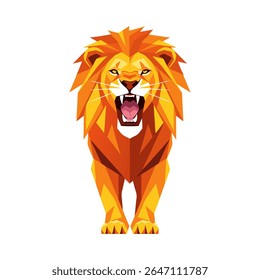 A striking vector illustration of a lion roaring, rendered in a modern geometric style with dynamic orange and yellow tones. Perfect for representing strength, courage, leadership.