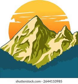 Striking vector illustration of majestic mountains under a vibrant sunset. Perfect for nature-themed designs, outdoor adventures, and travel promotions. Captures the beauty of natural landscapes