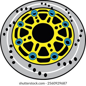 Striking vector illustration of a motorcycle brake rotor, showcasing its intricate design and vibrant colors, essential for high-performance braking