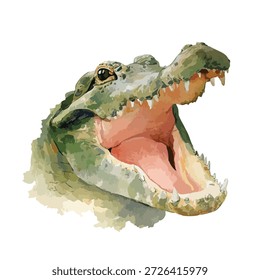 Auffällige Vektorgrafik eines mächtigen Alligatorkopfes mit einem breiten offenen Mund, scharfe Zähne sichtbar. Ideal für Wildtiere, Gefahren oder aggressive Tierthemen.