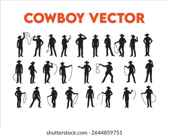 A striking vector illustration presents a collection of silhouetted cowboys in dynamic poses, embodying the spirit of the American West and rodeo culture.