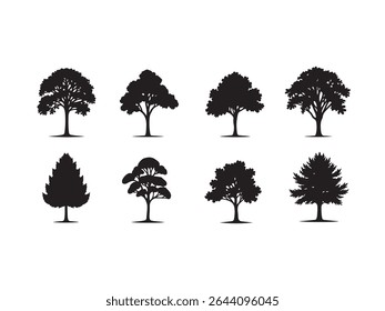 A striking vector illustration presents a diverse collection of silhouetted trees in various shapes and forms