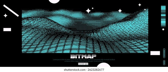 A striking vector illustration presents a surreal landscape, featuring a dynamic bitmap design infused with y2k and dada elements. The composition is enriched by bold colors and abstract shapes.