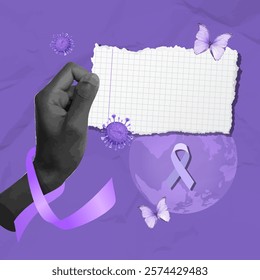 A striking vector illustration of a raised fist with a purple ribbon, embodying strength and solidarity for World Cancer Day on February 4th.