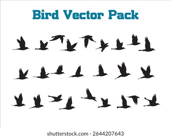 A striking vector illustration showcases a diverse set of black silhouette birds in flight, capturing various dynamic positions