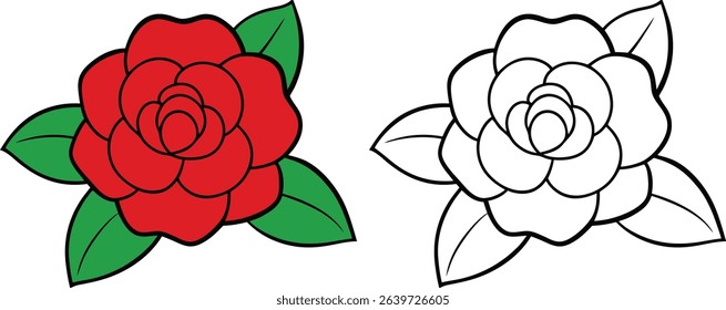 A striking vector illustration showcasing a single, elegant red rose with vibrant green leaves and a clean black and white outline. Use this versatile illustration for both coloring projects