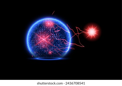 A striking vector illustration showing a glossy sphere encased in a transparent geometric shield. The sphere's reflective surface displays a rainbow color gradient, the shield is artistically designed