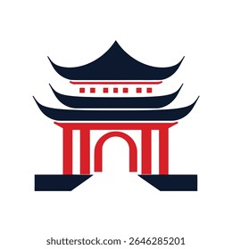 Striking vector illustration of a simplified pagoda featuring layered dark blue roofs, a red entrance archway, and minimal detailing against a clean white background.