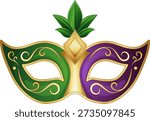 Striking vector illustration of a symmetrical masquerade mask split in vibrant green and rich purple halves, connected by an ornate gold central diamond gem and decorative swirls. A lush cluster of fresh green leaves crowns the top like a natural flourish, evoking elegance, mystery, celebration, and Mardi Gras tradition. Ideal for carnival invitations, festival posters, masquerade ball promotions, party decorations, New Orleans-themed graphics, costume designs, event branding, holiday cards, theatrical visuals, luxury packaging accents, and joyful seasonal marketing materials.