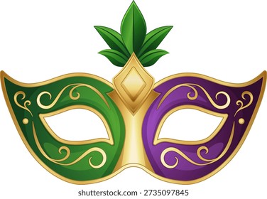 Striking vector illustration of a symmetrical masquerade mask split in vibrant green and rich purple halves, connected by an ornate gold central diamond gem and decorative swirls. A lush cluster of fresh green leaves crowns the top like a natural flourish, evoking elegance, mystery, celebration, and Mardi Gras tradition. Ideal for carnival invitations, festival posters, masquerade ball promotions, party decorations, New Orleans-themed graphics, costume designs, event branding, holiday cards, theatrical visuals, luxury packaging accents, and joyful seasonal marketing materials.