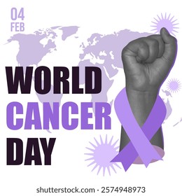 A striking vector illustration for World Cancer Day, showcasing a raised fist against a global map and purple ribbon background, symbolizing empowerment and solidarity in fighting cancer.