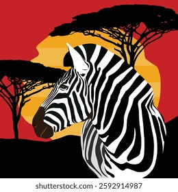 A striking vector illustration of a zebra in the African savanna at sunset. The black-and-white striped animal contrasts with the warm red and orange tones of the landscape, creating a bold wildlife s