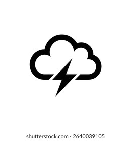 A striking vector image of a simple black cloud icon, featuring a bold lightning bolt cutting through it. This depicts stormy weather in a minimalist design.