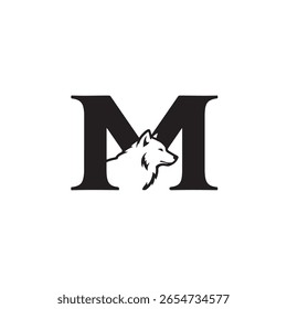 Uma impressionante imagem vetorial de um M maiúsculo contendo um perfil de lobo minimalista; preto contra um fundo branco forte garante clareza e versatilidade para usos diversos.