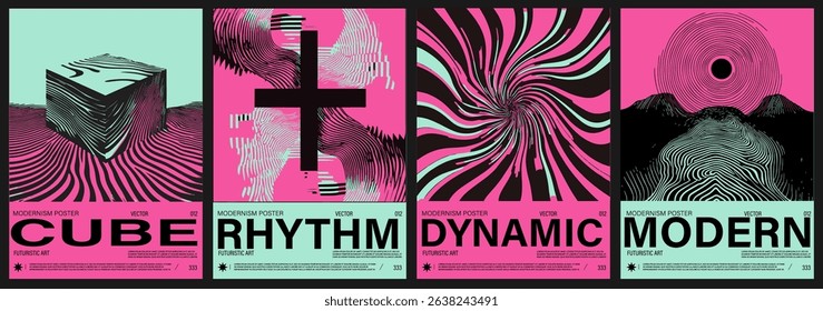 Striking vector posters in the trendy Neo-Psychedelic and modern Y2K style, with wavy lines, optical illusions, bold cubes, and surreal landscapes in neon pink and mint—reflecting 2025 art trends.