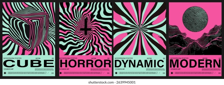 Striking vector posters in the trendy Neo-Psychedelic and modern Y2K style, with wavy lines, optical illusions, bold shapes, and surreal landscapes in neon pink and mint—reflecting 2025 art trends.