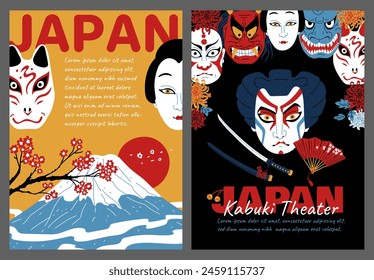 Striking vector set featuring two posters: one celebrates Japan with iconic imagery like Mount Fuji and cherry blossoms, and the other highlights Kabuki Theater with a range of traditional masks