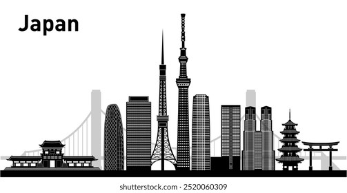 A striking vector silhouette of Tokyo’s skyline, showcasing its iconic infrastructures like the Tokyo Tower and Skytree. Perfect for design projects, marketing materials, and urban-themed artworks