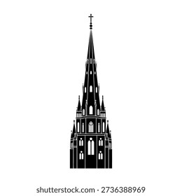 A striking vector silhouette of a tall, intricate Gothic church spire, featuring detailed architectural elements and a cross at its apex.