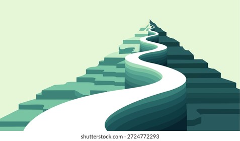 Una llamativa Ilustración vectorial de Vertical que representa un camino blanco sinuoso o un camino que asciende por una montaña empinada en capas. El diseño geométrico y minimalista utiliza una paleta monocromática y fresca de capas de verde azulado y menta para crear una sensación de profundidad y altura. Simbolizando el desafío, el crecimiento, el largo viaje, el camino difícil hacia el éxito o la aspiración personal.
