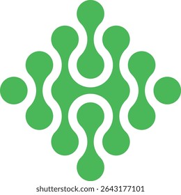 A striking, vibrant green geometric design featuring interconnected, teardrop-shaped forms arranged in a diamond pattern on a white background.