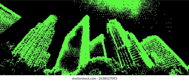A striking view of towering skyscrapers bathed in bright green light under a night sky. Bitmap overlay bg with pixel effect 