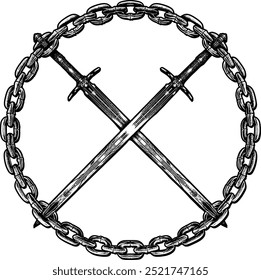 Uma impressionante ilustração de vetor vintage de espadas cruzadas com uma corrente enrolada ao redor delas, em preto e branco. Perfeito para designs e logotipos de camisetas, simbolizando a força, a unidade e um estilo ousado e atemporal 
