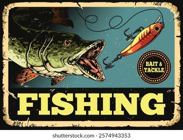 A striking vintage-style artwork showcases a pike fish leaping toward a fishing lure. This colorful design captures the excitement of fishing and includes a bait and tackle logo.