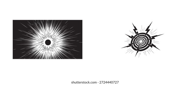 A striking visual comparison of two black and white circular designs radiating outwards with intense energy and dynamic patterns