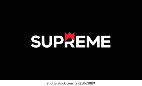 A striking visual featuring the word "SUPREME" in bold white lettering against a stark black background, accented by a vibrant red crown symbol