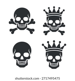 a striking visual of four distinct skull illustrations some adorned with regal crowns and crossed bones presenting a dark aesthetic