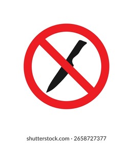 Não são permitidas facas de sinalização visual. O círculo vermelho e a linha diagonal indicam claramente uma proibição, enfatizando a segurança. Um símbolo universal contra a violência.