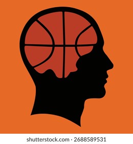 Uma metáfora visual impressionante que retrata uma silhueta de cabeça humana contendo uma bola de basquete, simbolizando uma profunda paixão, dedicação e foco mental para o esporte do basquete.