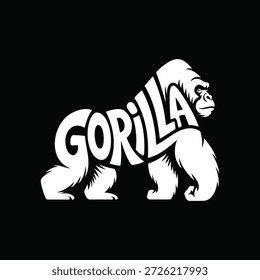 A striking white gorilla graphic features bold, stylized lettering that forms the body, set against a solid black backdrop. Ideal for branding, mascots, sports, or wildlife themed projects needing power and impact.