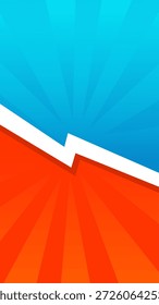 Un llamativo gráfico de rayo blanco que crea una división nítida entre una sección superior azul brillante y una sección inferior naranja radiante, ambas con sutiles patrones de rayos.