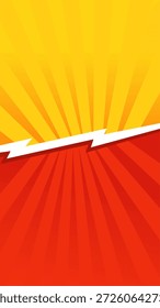 Um ícone de raio branco impressionante divide nitidamente uma seção superior amarela brilhante de uma seção inferior vermelha em negrito, ambas apresentando padrões de explosão solar radiante.